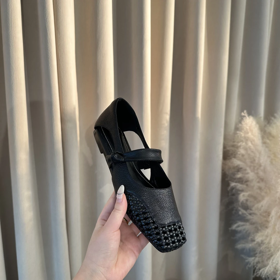 春夏款轻奢风编织镂空方头粗跟鞋时尚百搭软底透气女鞋