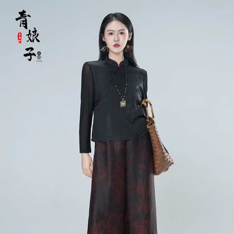 青娘子香云纱（轩榭）国风拼接新中式气质百搭短款套头上衣60149
