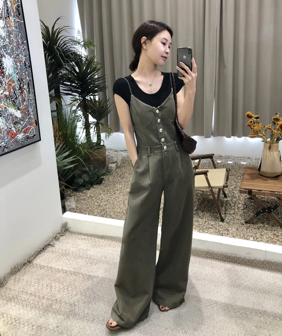 卢浮宫艺术生～法式复古金丝绿色显瘦高腰牛仔吊带连体裤阔腿裤女