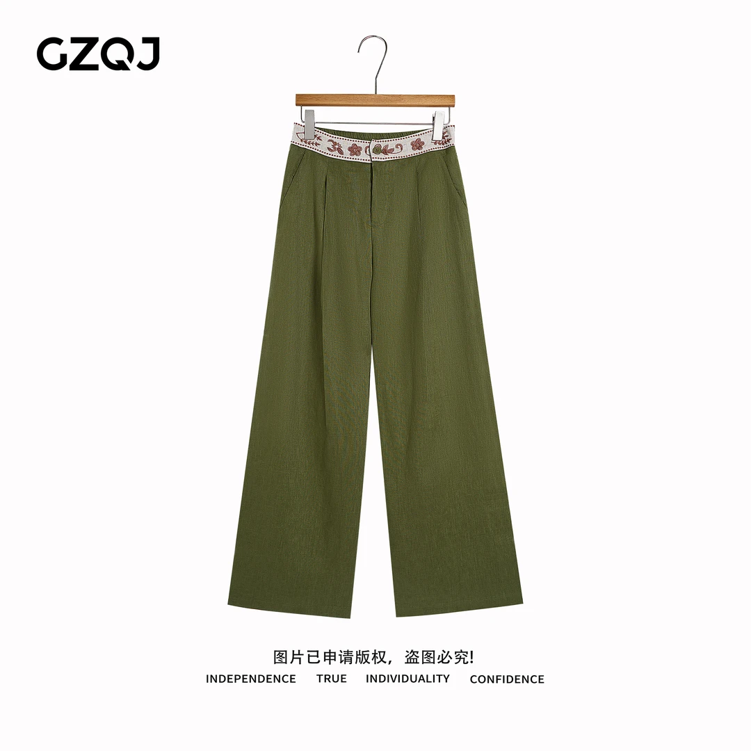 广州琴姐【森屿浮雕】欧若风100亚麻绿色阔腿休闲裤女夏季长裤98108