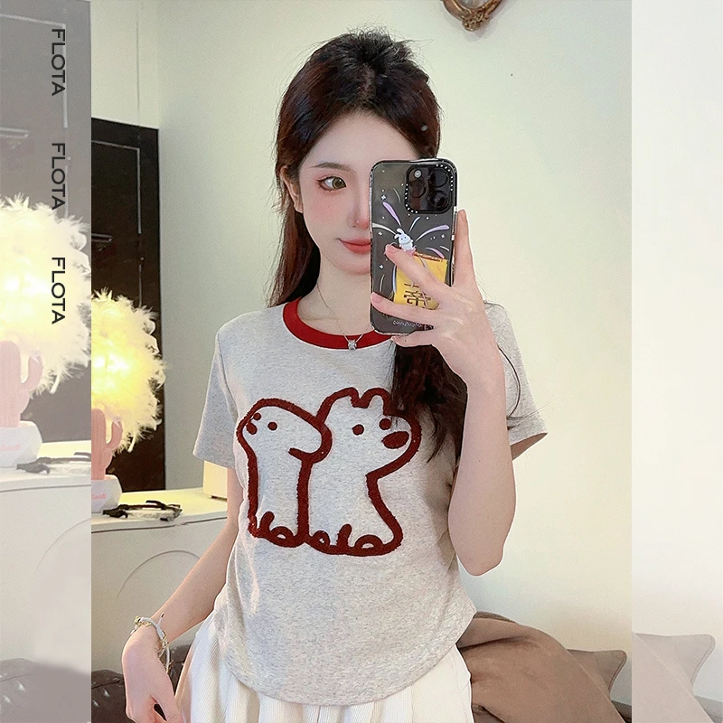 【flota】卡通植绒短袖T恤女褶皱收腰显瘦半袖小众夏季短上衣1768