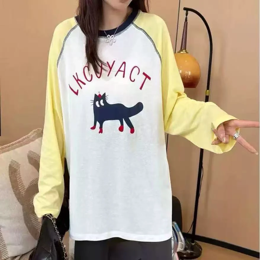 小猫天丝麻防晒插肩袖休闲T恤秋季短袖拼接印花1915