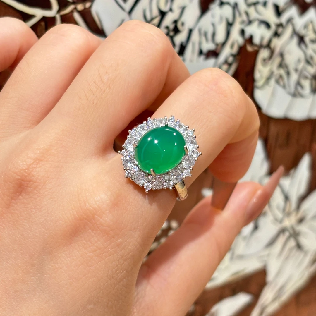 纯天然高冰玉髓戒指白色粉色黄色绿色玛瑙鸽子蛋新中式戒指B03