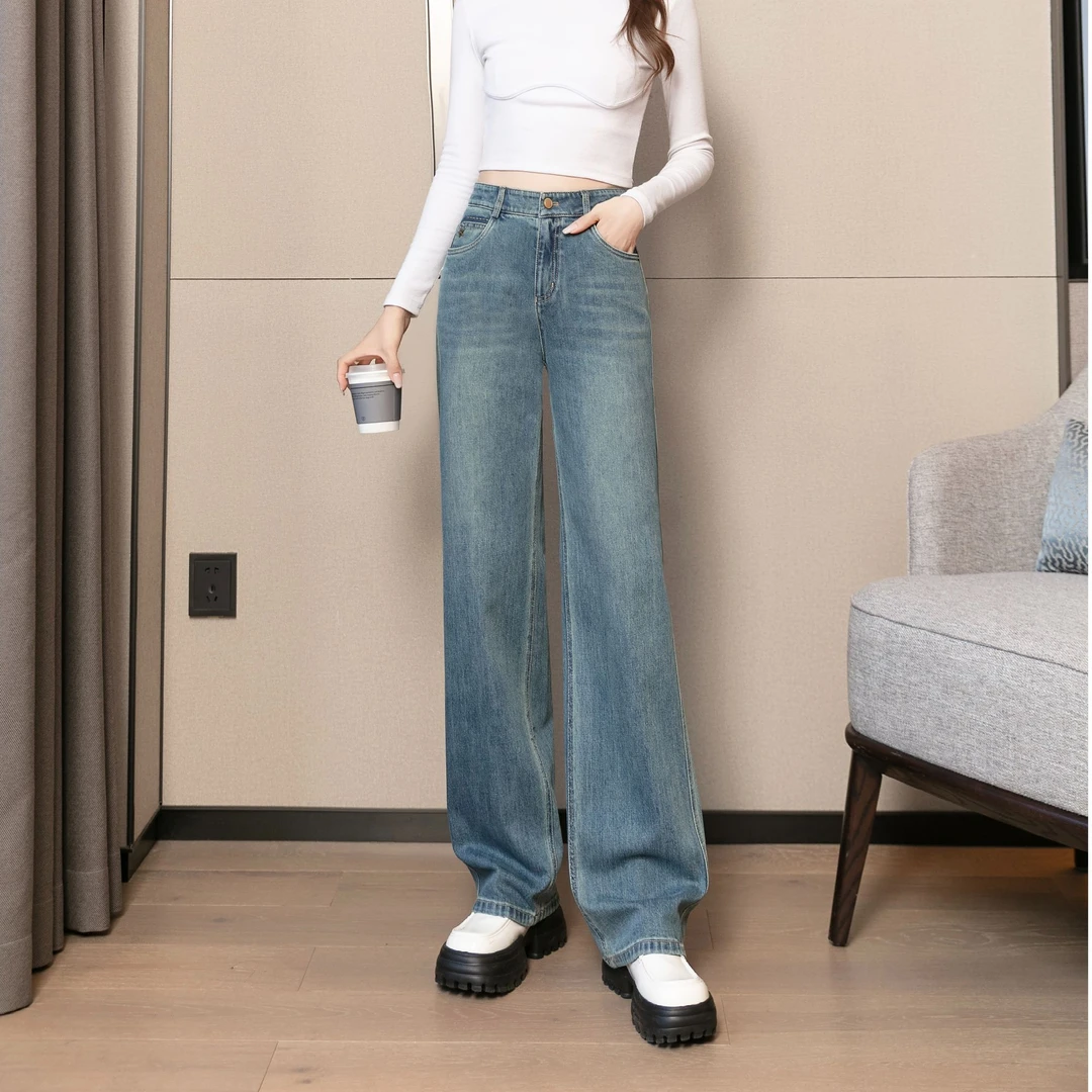 早春新品直筒牛仔裤莱赛尔宽松显瘦柔软弹力高腰直筒裤显腿长5318