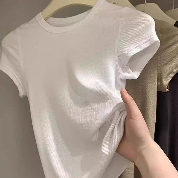 纯棉正肩收腰白色显瘦t恤短款上衣女时尚薄款圆领百搭修身短袖T恤