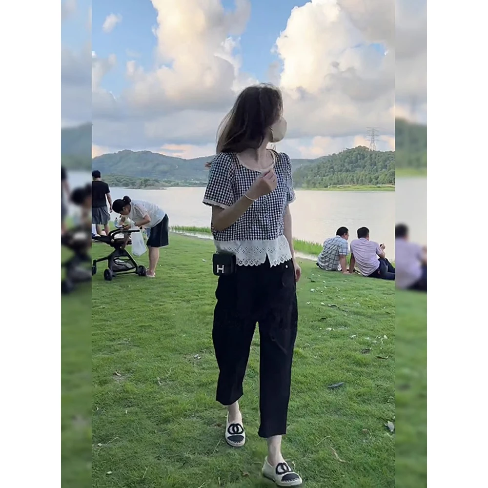 法式复古气质格子拼接减龄短袖衬衫女2025夏季新款小众显瘦上衣