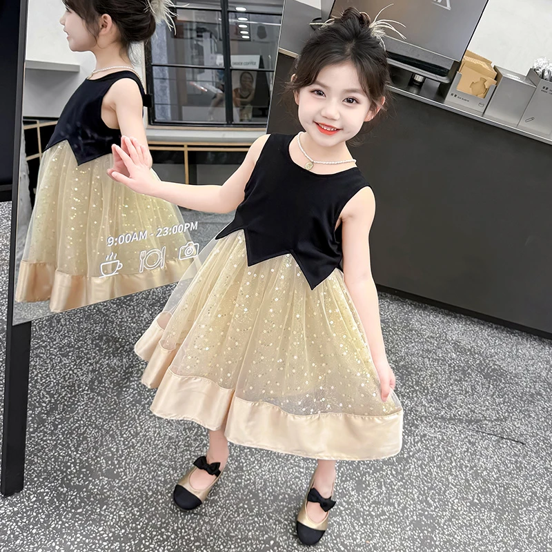 小公主儿童连衣裙夏季新款洋气赫本风拼接网纱背心裙蓬蓬公主裙