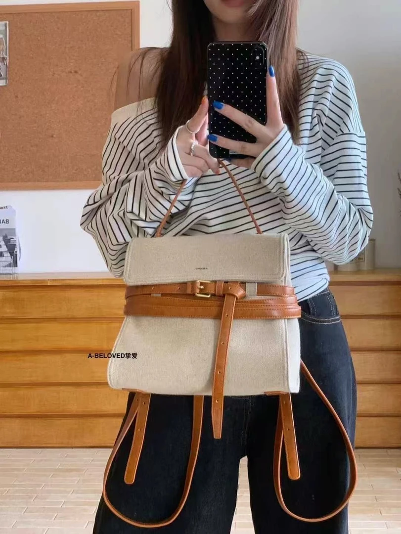 小众麻料帆布时尚撞色手提单肩包女2025新款百搭休闲复古斜挎小包