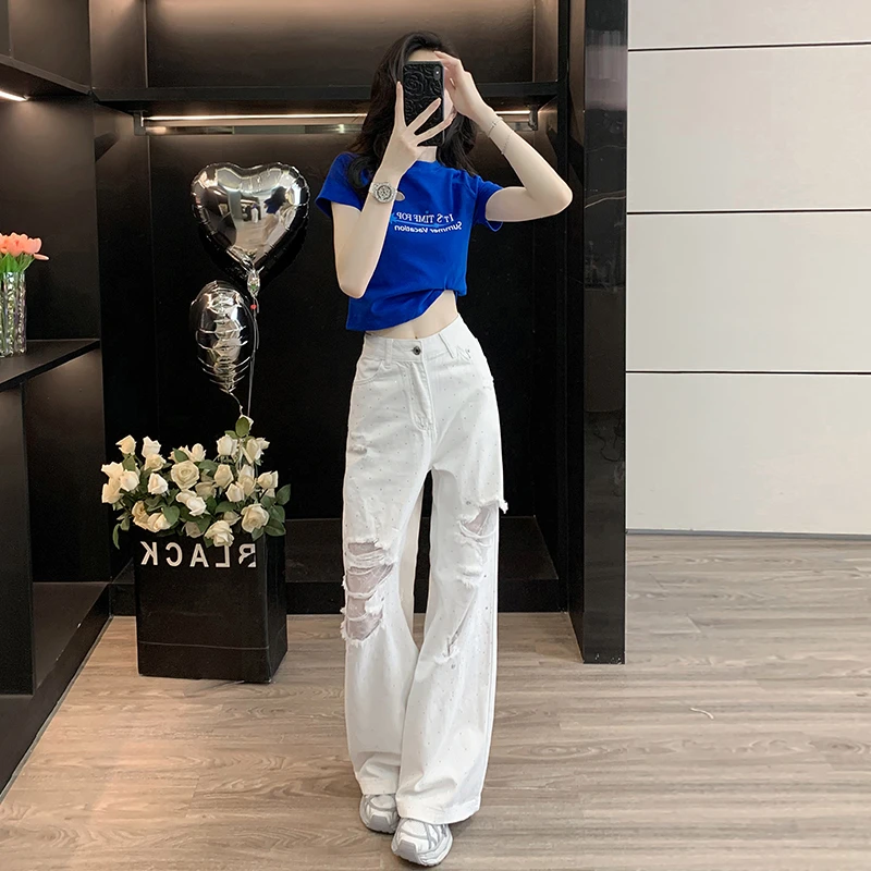网红穿搭一整套夏季洋气短袖T恤显瘦破洞阔腿白色牛仔裤两件套女