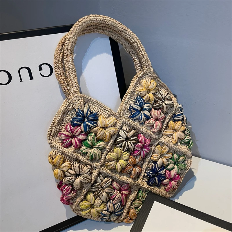 拉菲草花朵刺绣草编包法式单肩手提草包编织包海边度假沙滩包女包
