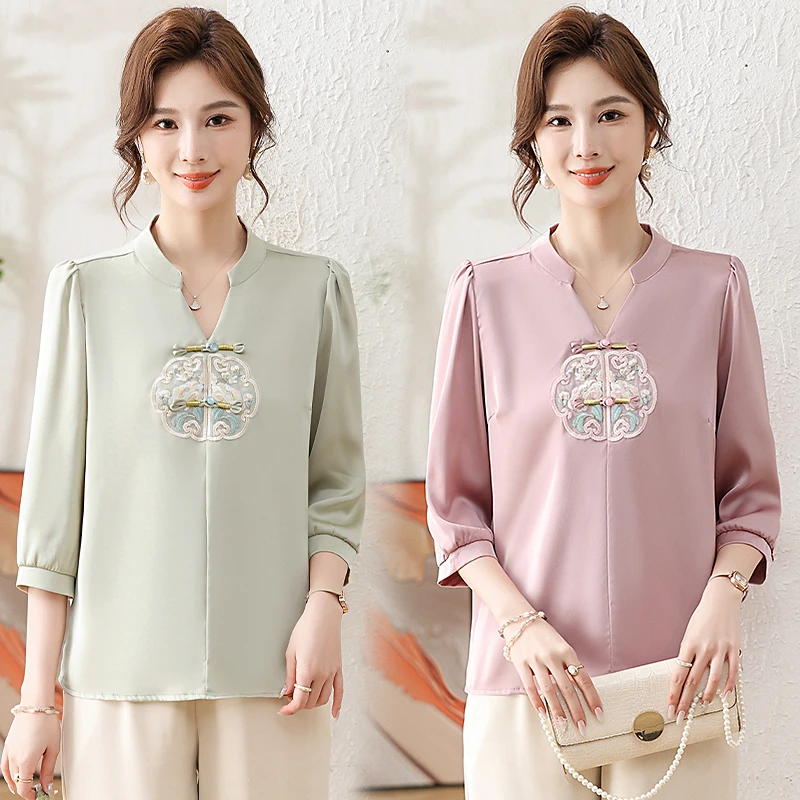妈妈装新款气质国风小衫中老年洋气缎面时尚宽松新中式上衣