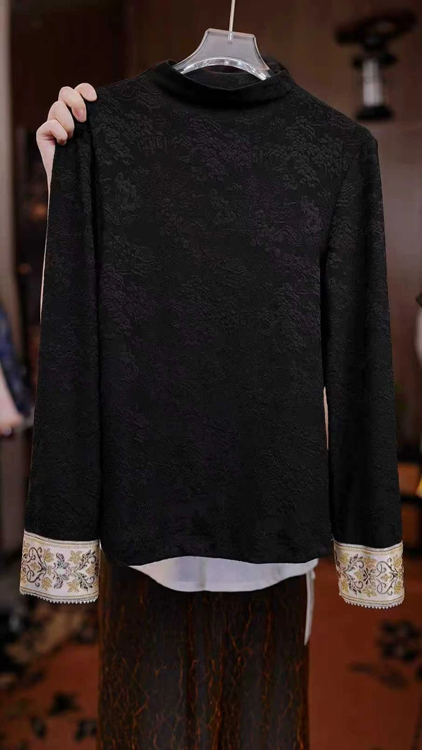 百搭长袖T恤印花高领女士网红极简风常规女新中式6958