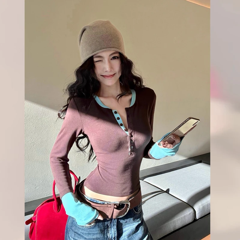 辣妹女显瘦假两件内搭打底衫百搭修身设计感长袖小众休闲T恤上衣