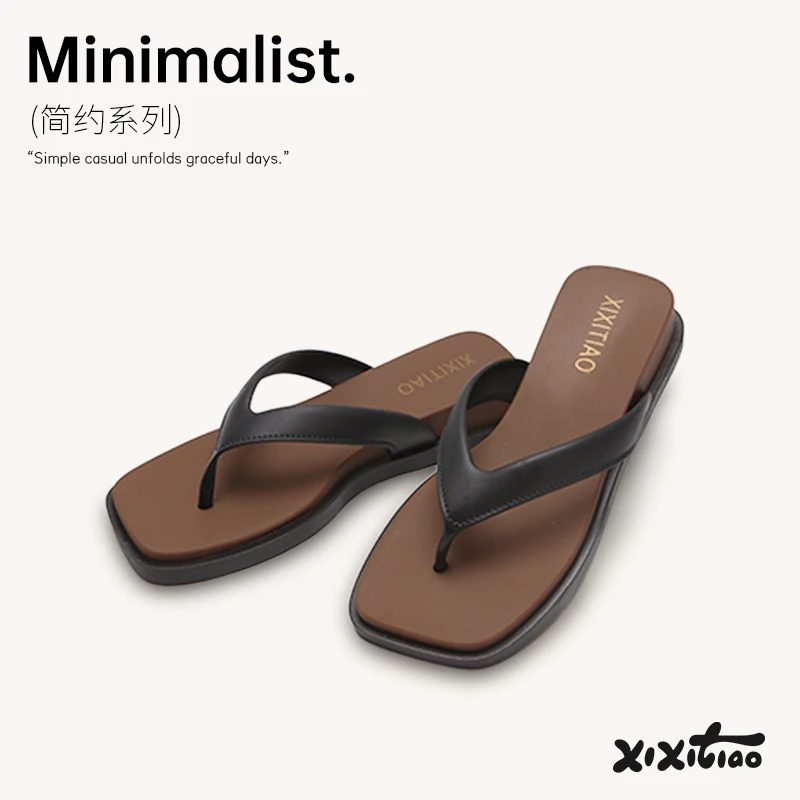 细细条 外穿高级感厚底坡跟人字拖夏复古拼色沙滩度假夹脚凉拖女