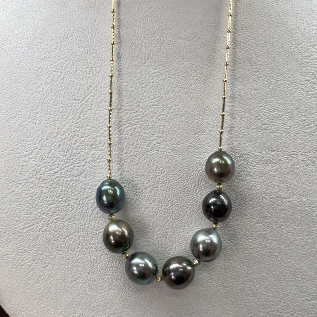 18K金镶嵌项链海水珍珠史*嘉大溪地微笑链12-13m m