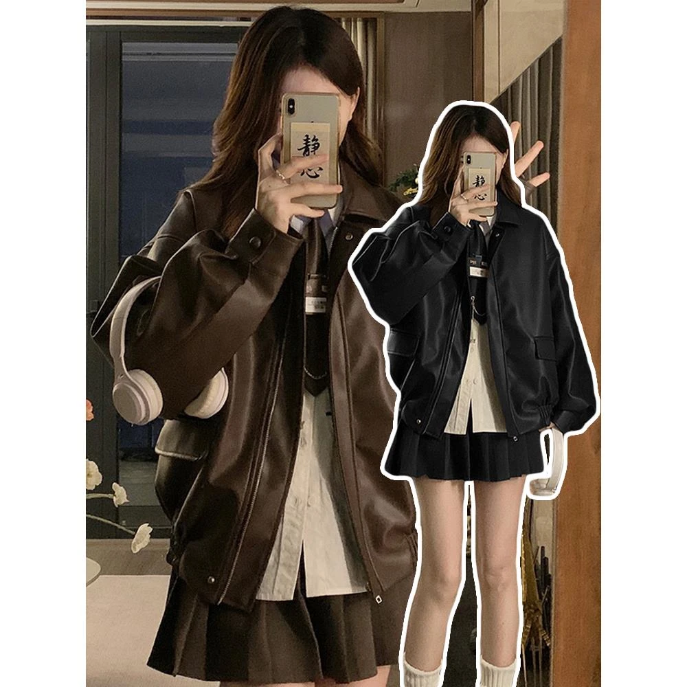 杜拉妮韩系开小个子香风皮衣短外套女2025早秋季新款情侣装棒球服