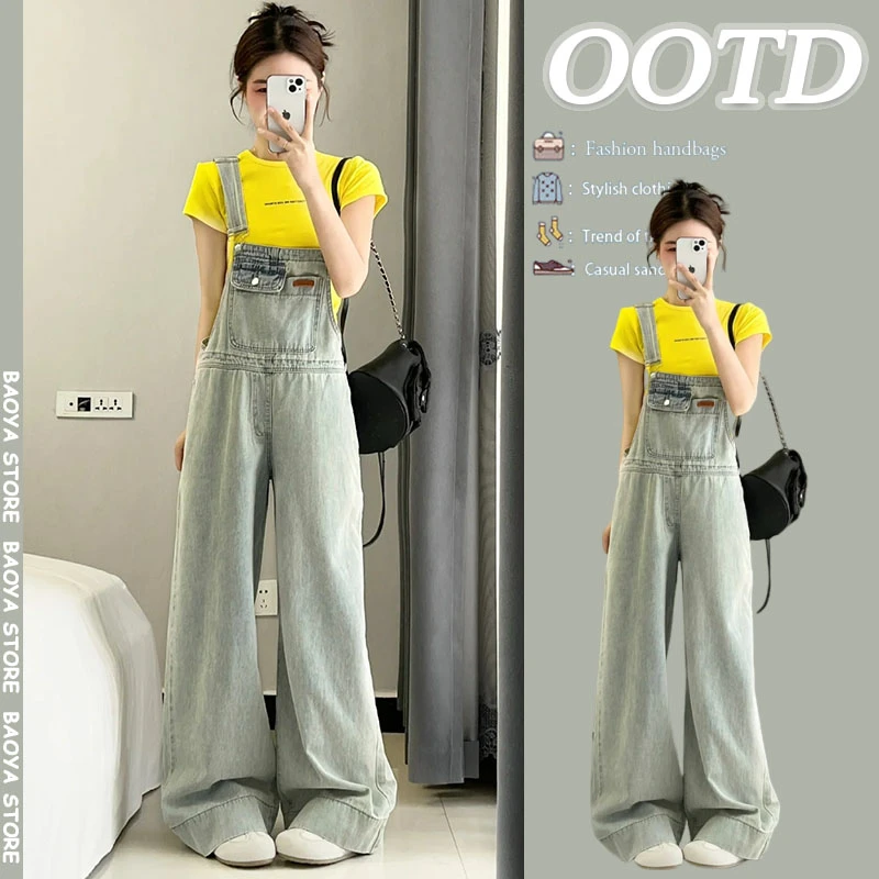 夏季穿搭一整套2025新款多巴胺修身显瘦短袖减龄牛仔背带裤两件套