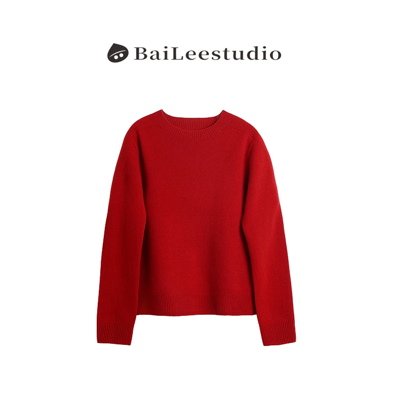 【柏栗良品】秋装新品~经典版型螺纹圆领净版100绵羊套头毛衣8168