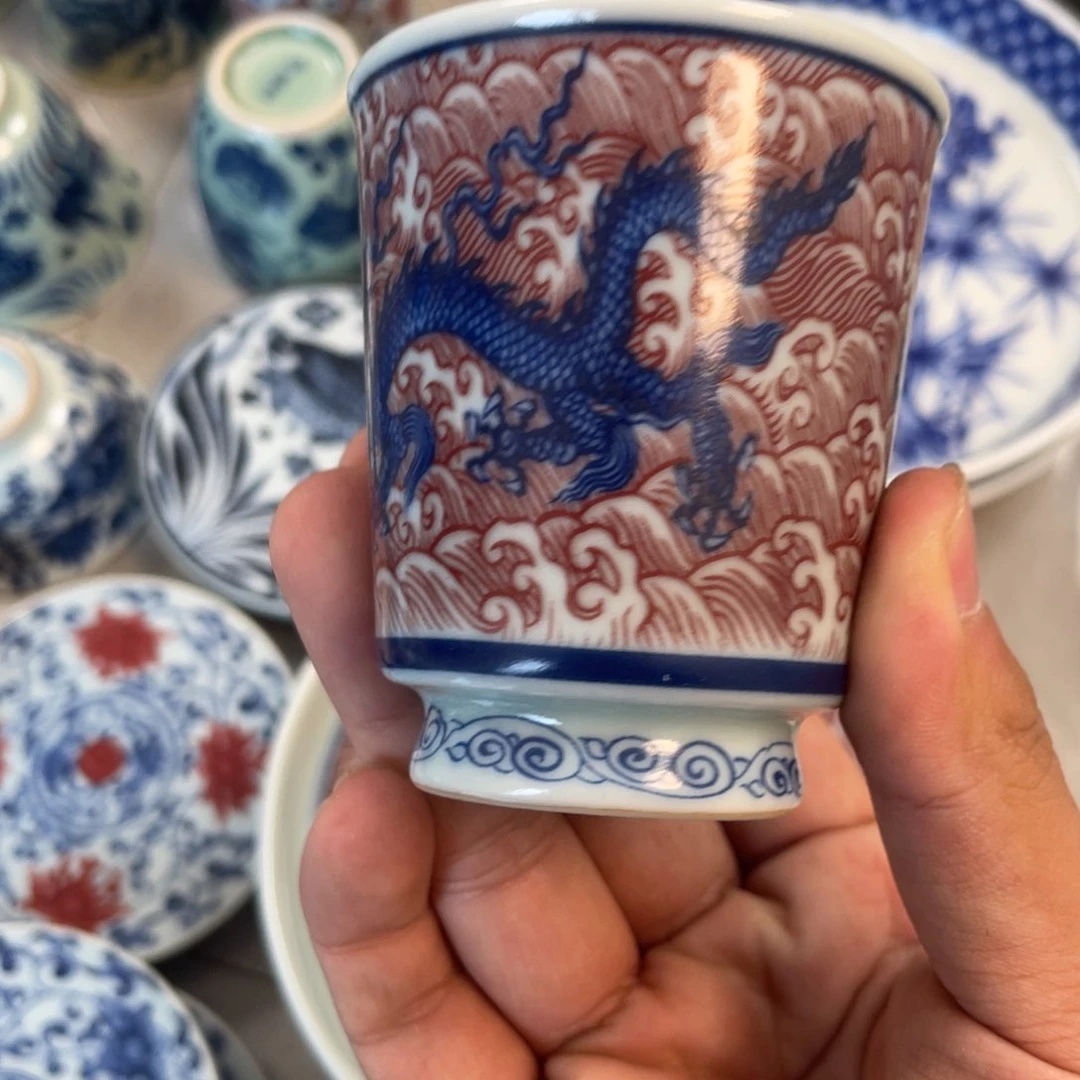 瓷片釉里红海水龙闻香杯