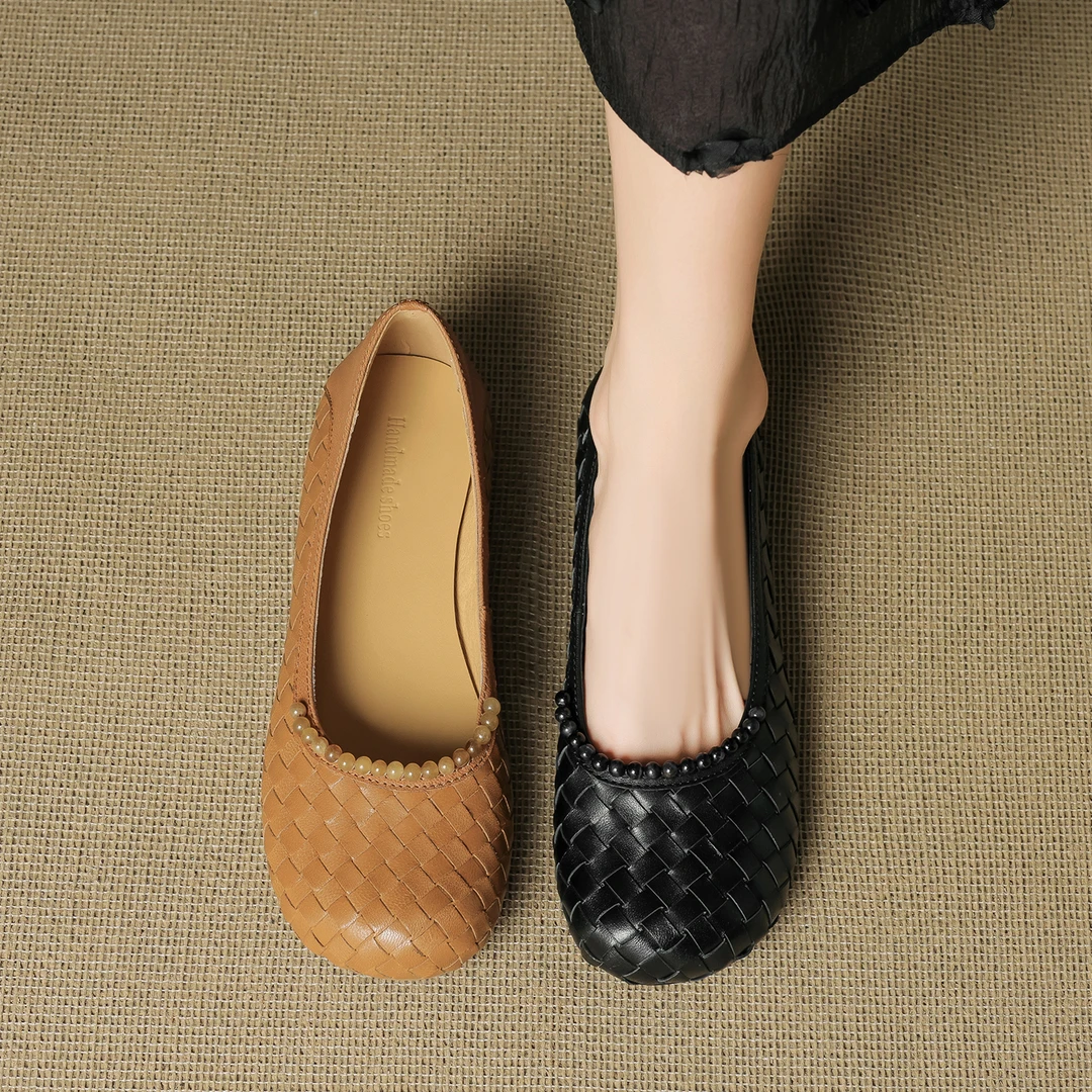 2025年春秋新款浅口编织单鞋女法式复古休闲矮跟百搭时尚奶奶鞋女