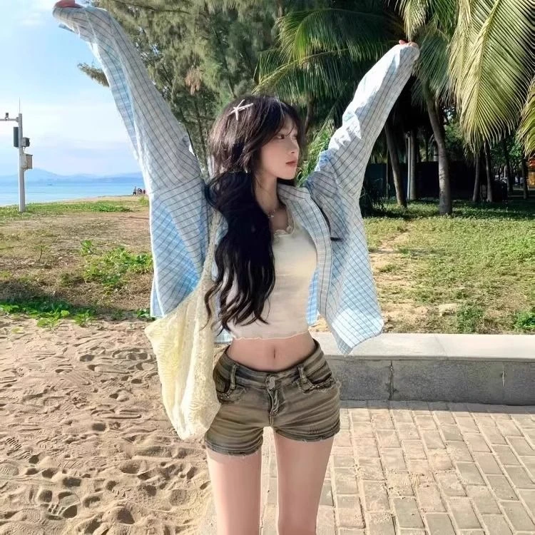 韩系设计感小众蓝色格子衬衫女防晒外套薄款宽松春夏潮牌长袖衬衣