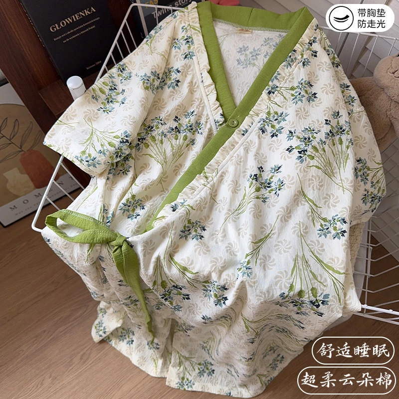 甜美系带睡袍女夏季宽松带胸垫田园风小清新睡衣裙薄款云朵棉浴袍