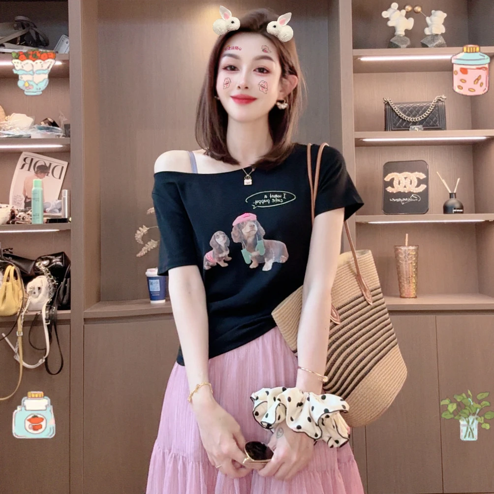容容定制 短袖一字领短款宽松T恤夏装韩版athflow风可爱小狗T609