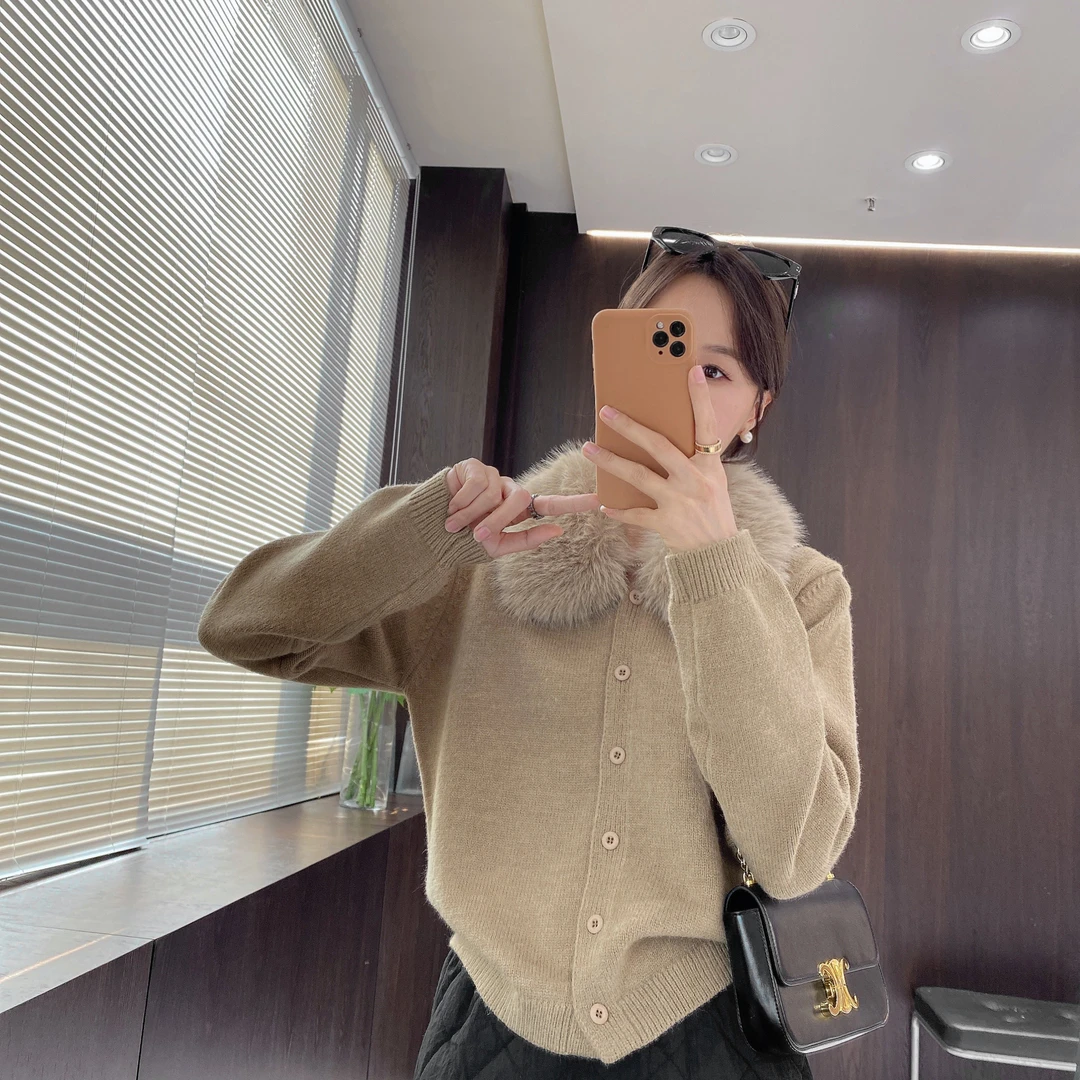 IMFLY金小金自制女装 针织开衫DYW10201小香风毛领气质短毛衣外套