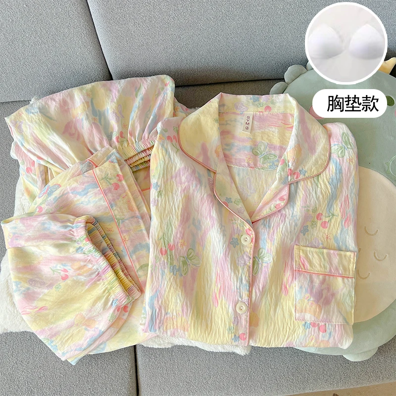【带胸垫】睡衣女三件套女夏季短袖短裤长裤夏天卡通家居服套装132