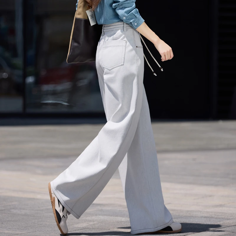 浅灰色牛仔裤女款爆款2025新款春秋季高腰抽绳时尚直筒宽松阔腿裤