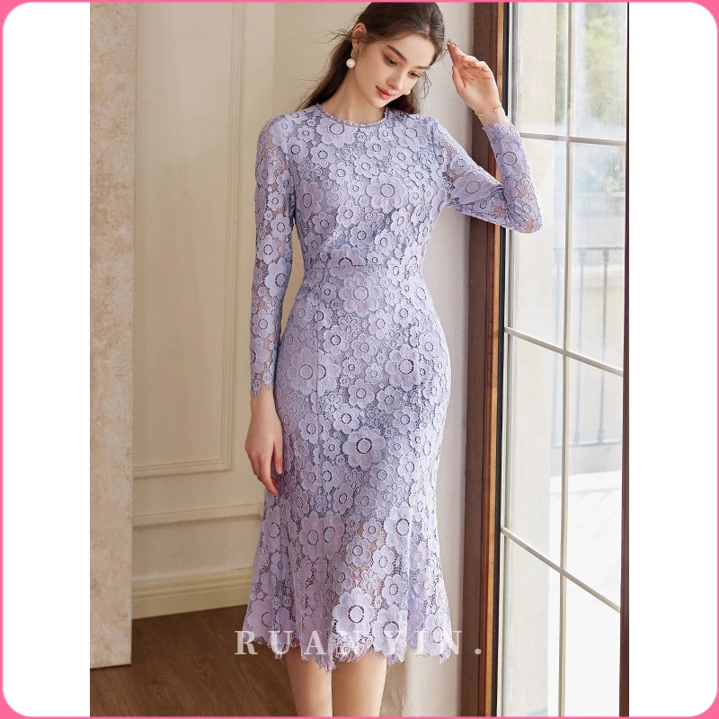 RUAN YIN法式漂亮蕾丝连衣裙女秋季新款气质紫色收腰鱼尾裙
