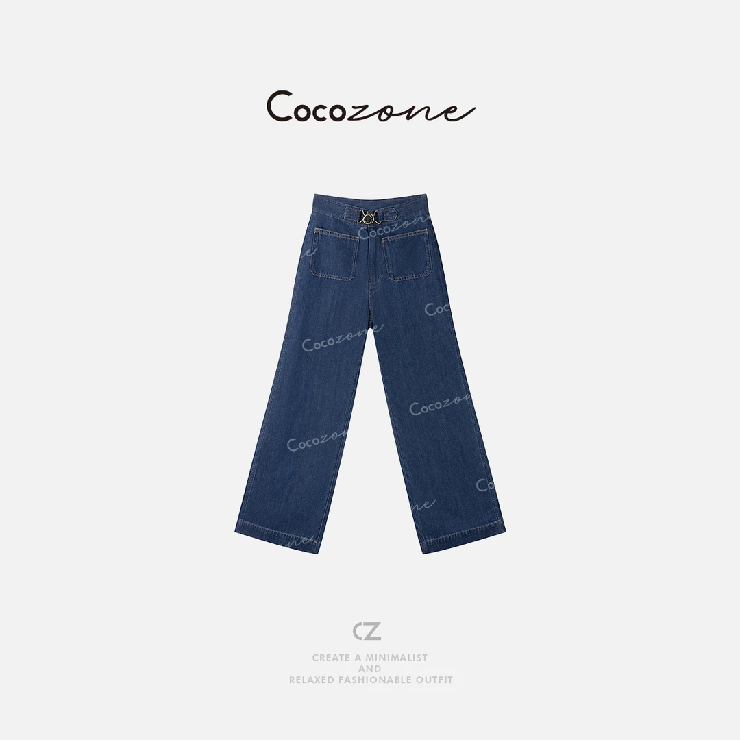 COCO ZONE刘一一【棉亚麻混纺】水洗金属扣直筒高腰牛仔裤CD1A0530