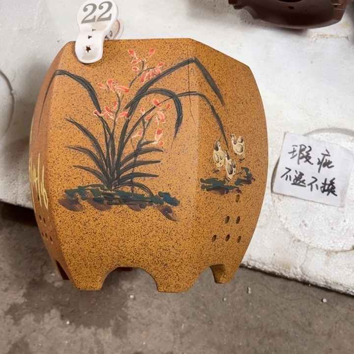 紫砂花盆 微瑕小火裂 柴烧彩绘宫灯六方22号