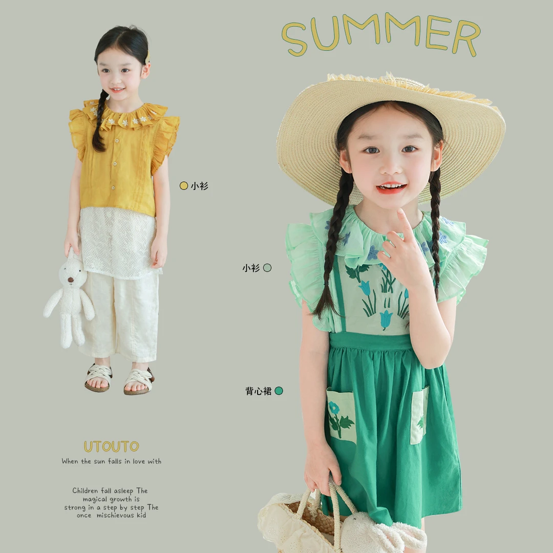 utouto大耳象女童刺绣翻领飞袖小衫2024夏季新款女孩洋气2404138