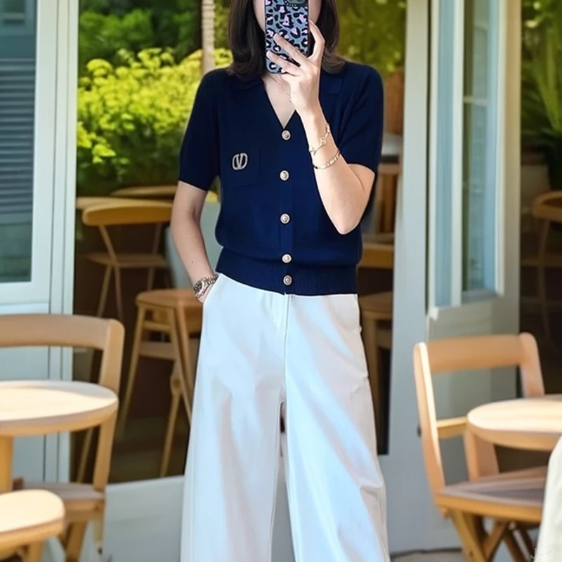韩系polo领小香风高级感2025夏季气质显瘦薄款时尚针织开衫T恤女