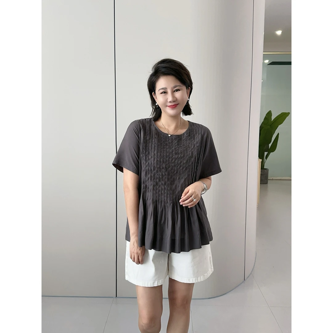 微胖女装【波斯密语】专机打褶套头上衣夏季新款度假风短袖T恤20757