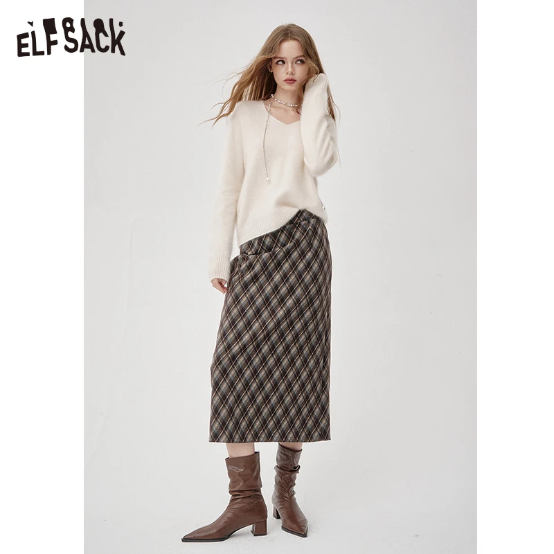7055【金拐子】妖精的口袋斜格纹半身裙女经典复古2025年早秋新款
