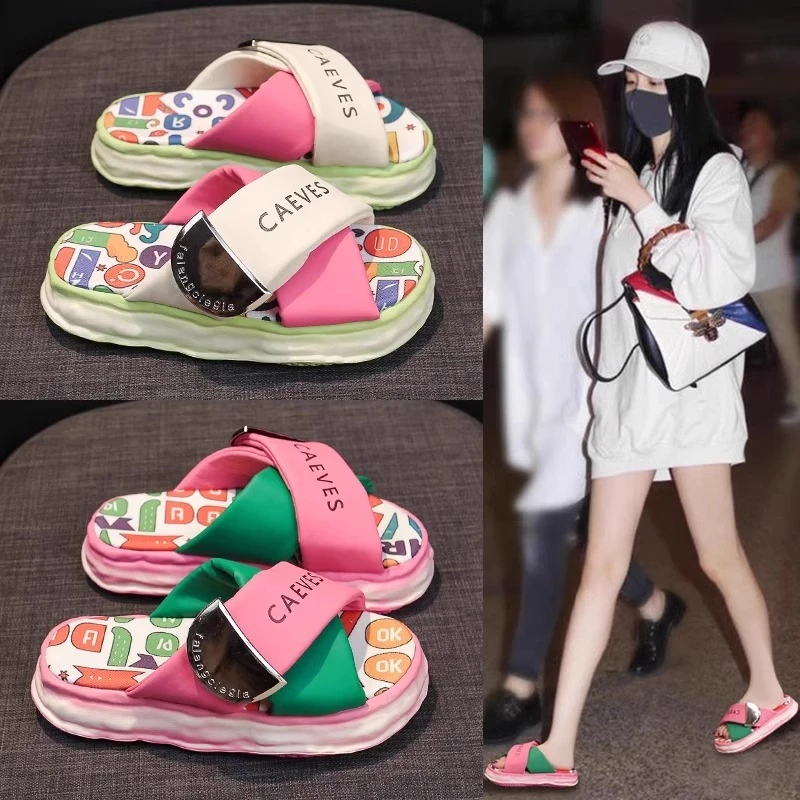 品牌特价网红涂鸦拖鞋女夏新款外穿厚底一字拖休闲踩屎感凉拖爆款