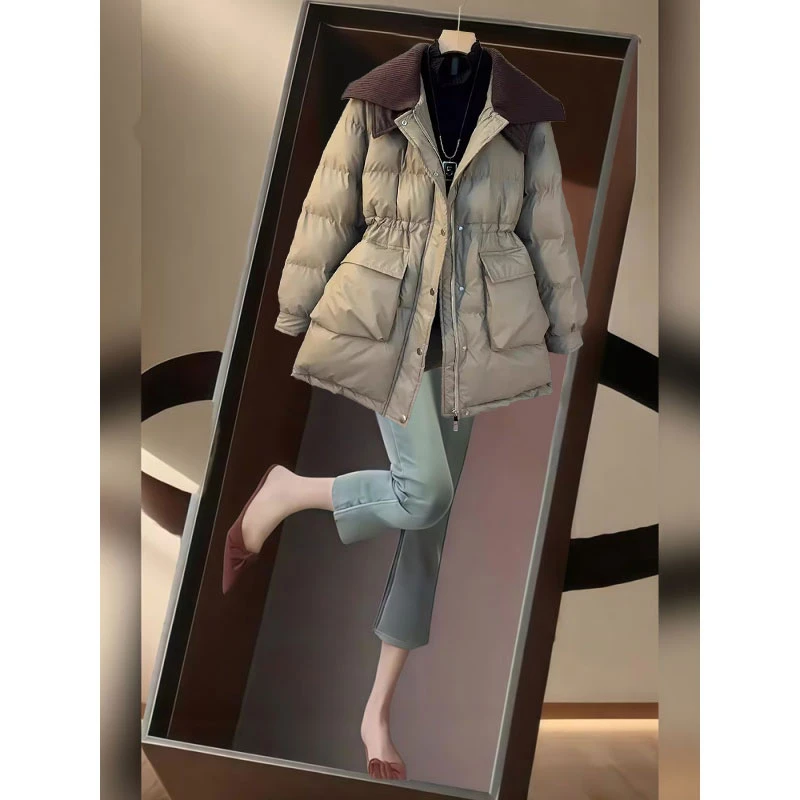 加大码300斤中长款针织领拼接棉服女2025秋冬新款洋气休闲面包服