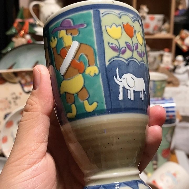 彩绘手绘青花高足陶胎杯