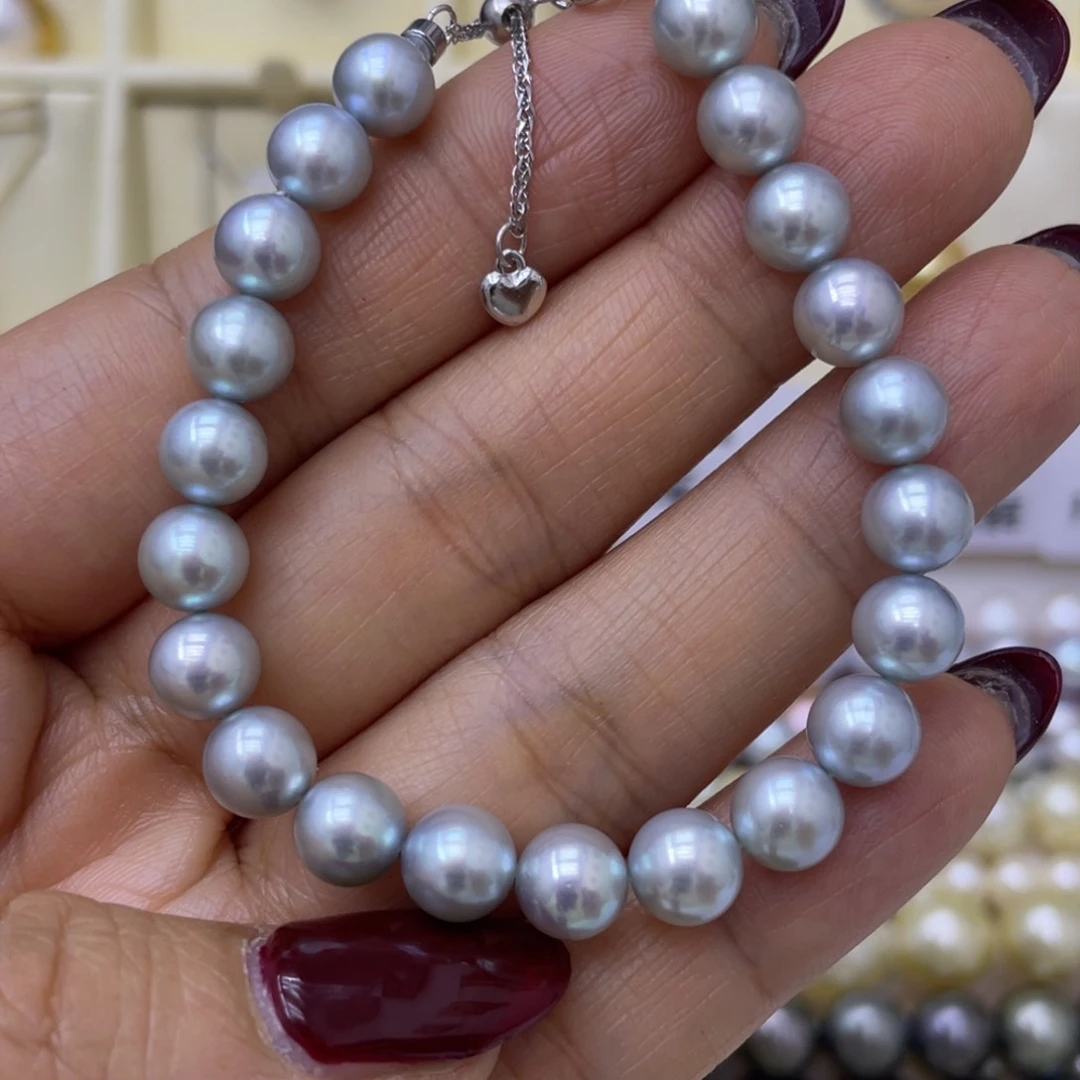 海水珍珠手链银S925镶嵌7-8真多麻