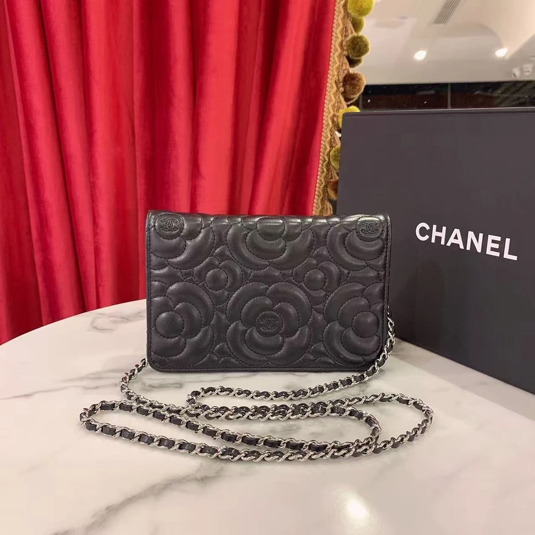 95新 Chanel/香奈儿 GGS香奈儿山茶花浮雕woc黑银牛皮48535323