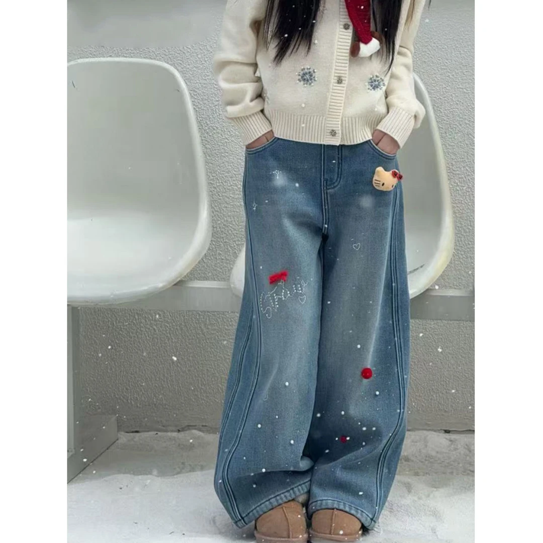 K30446孙小美烫钻女童直筒裤新款秋冬装儿童裤子加绒加厚牛仔裤