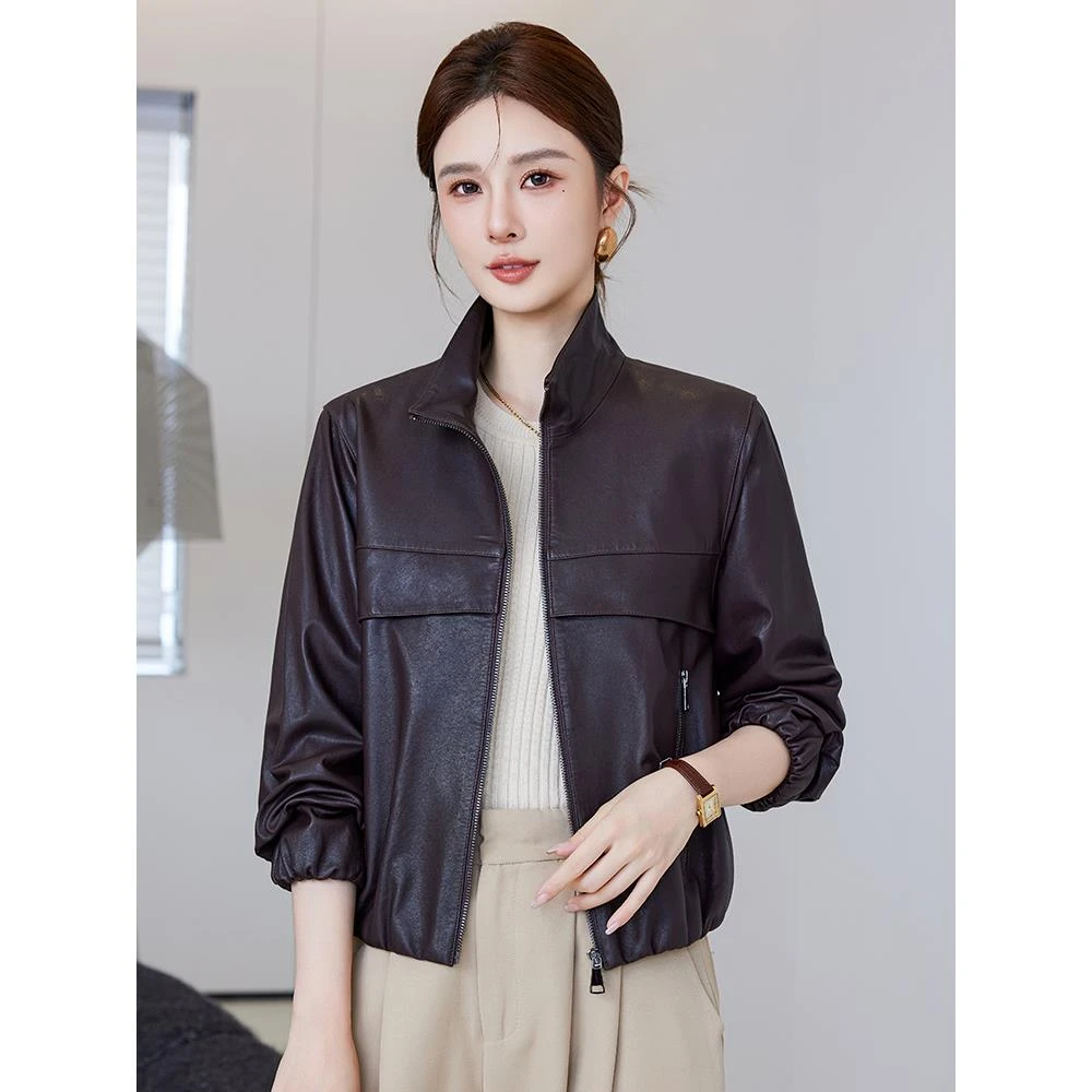 紫雨琪2025秋新款真皮皮衣女短款海宁头层绵羊皮休闲立领小夹克宽