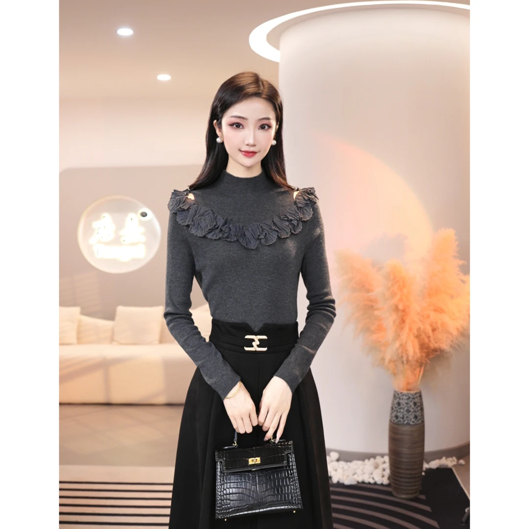 2025秋冬新款【JR-17】含绵羊毛爆款针织衫外穿灰色漏肩精致毛衣女