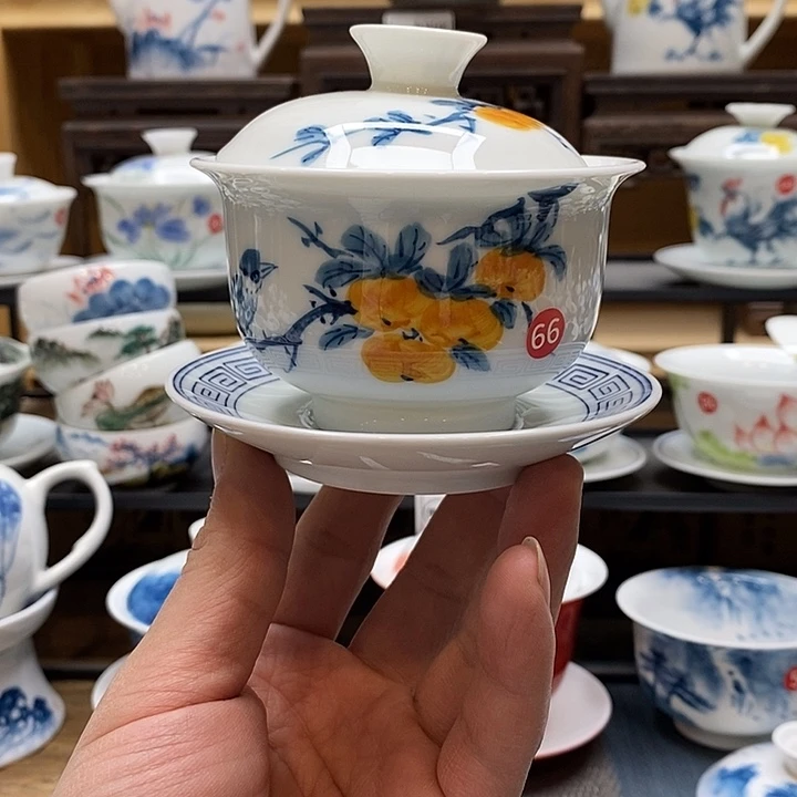 手绘微瑕喜柿图盖碗