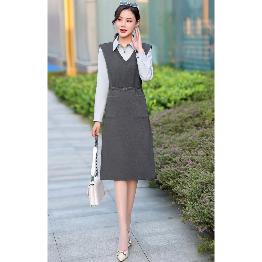 春秋时尚翻领衬衫搭收腰背心连衣裙两件套TQ008