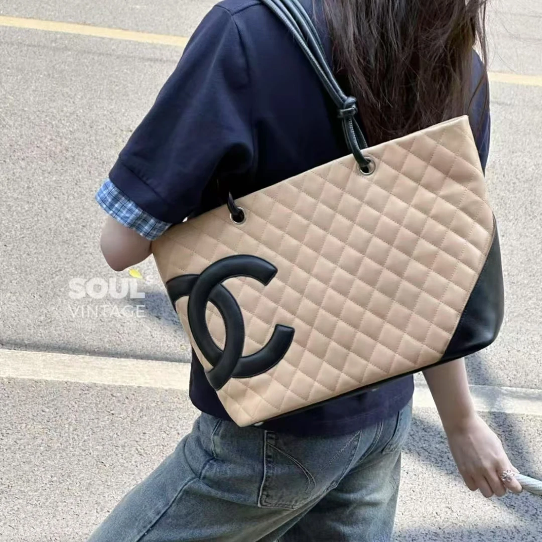 95新 Chanel/香奈儿 fl66奶茶色 牛皮 康鹏菜篮子大号/616730103