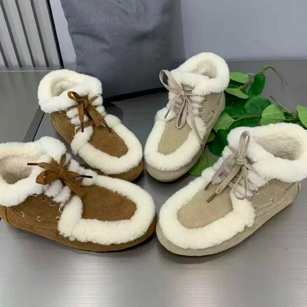 欧洲站2025磨砂真皮羊羔毛毛雪地靴女系带加绒保暖豹纹平底勃肯鞋