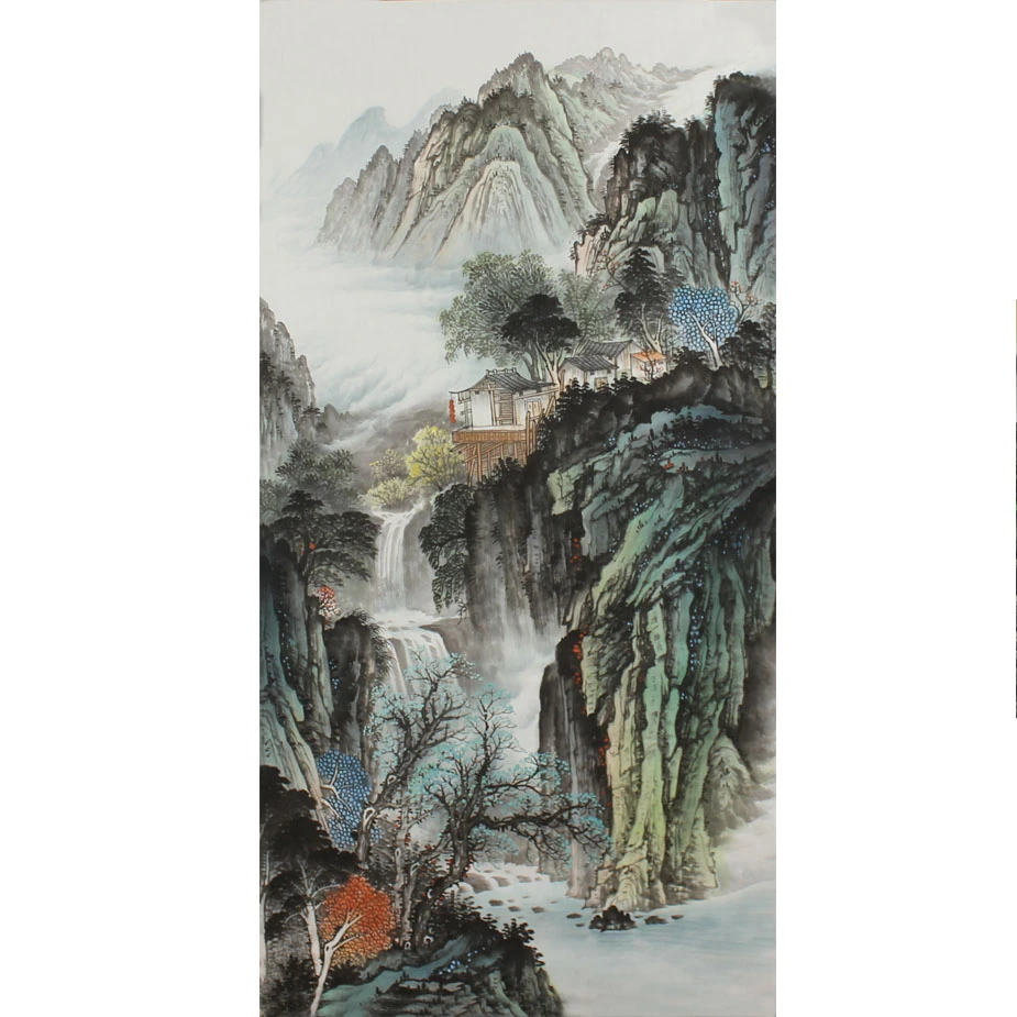 蒋文杰纯手绘国画山水画玄关竖幅挂画源远流长字画未裱无框书画